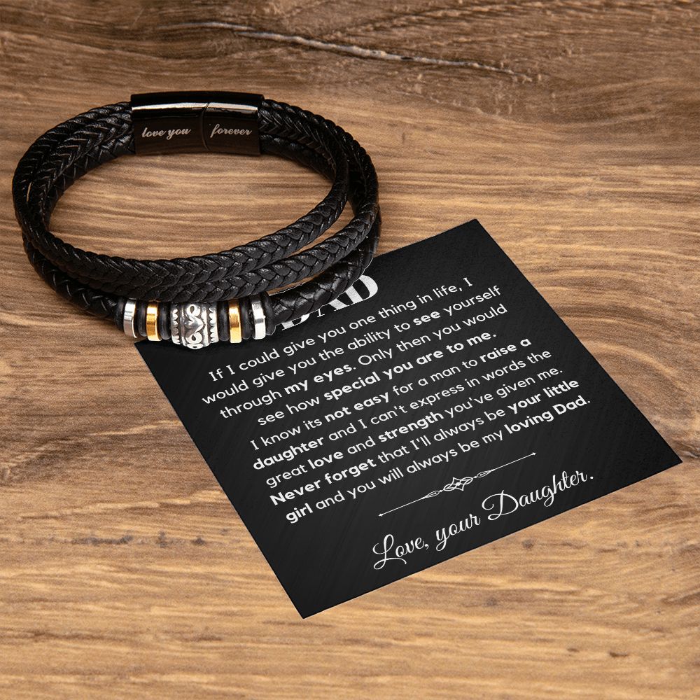 Father's Day Gift from Daughter - Braided Vegan Leather Bracelet with Loving Message Card