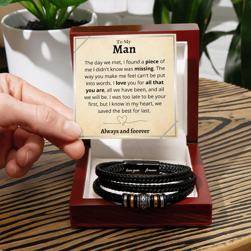 My Man Bracelet, "Love You Forever" Engraved Stainless Steel and Leather