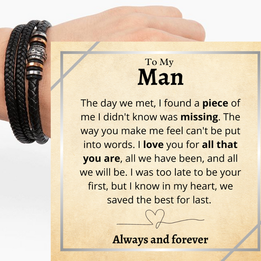 My Man Bracelet, "Love You Forever" Engraved Stainless Steel and Leather