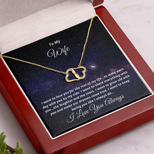To My Wife, I want to keep loving you - Everlasting Love Necklace Solid Gold Hearts with Real Diamonds moon/stars
