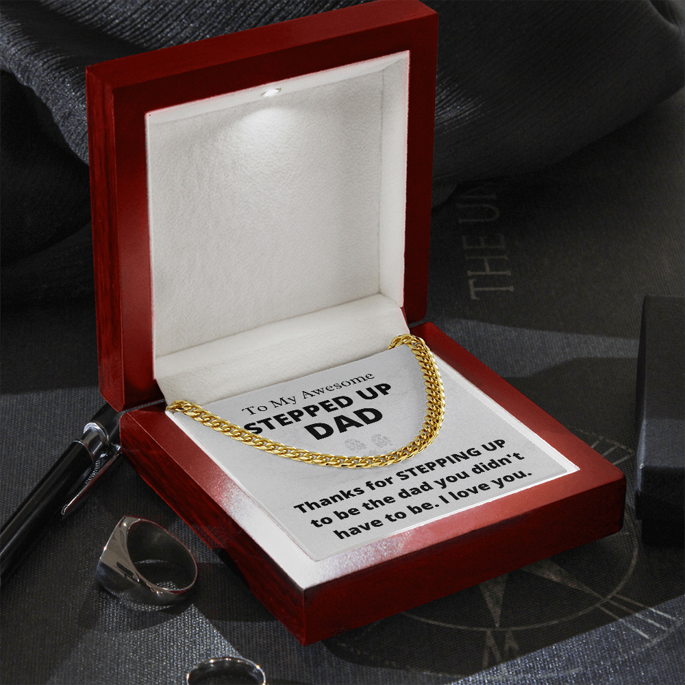 Awesome Stepped-Up Dad - Cuban Link Chain Necklace | Father's Day Gift for Stepdad | Bonus Dad Birthday Present, hgs008