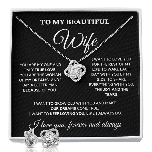 Beautiful Wife, One and Only True Love - Love Knot Necklace/Earring SET, blk | Anniversary Gift for Wife | Birthday Gift for Wife | Apology gift Wife