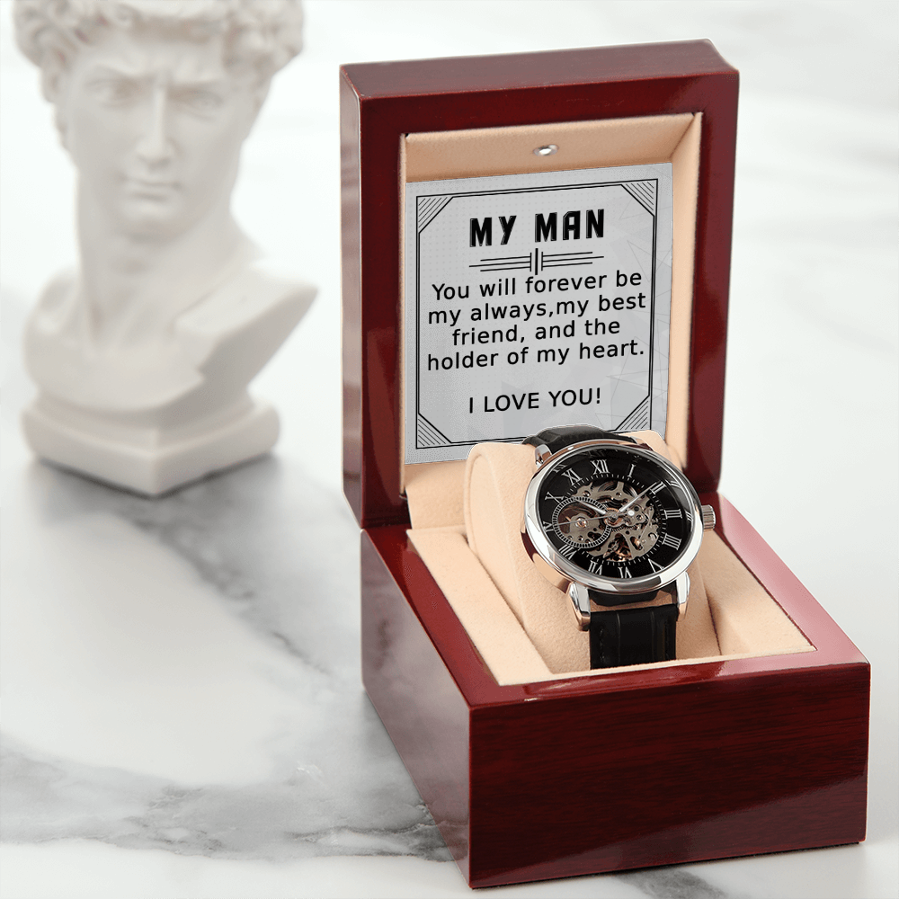 My Man, you will Forever be My Always - Men's Openwork Watch | Boyfriend Gift Birthday | Anniversary Gift Husband | Father's Day Gift from Wife | Unique Gift for Him | Wedding Gift | Watch Box for Him | Engagement Gift for Man | Classic Watch, hgs013