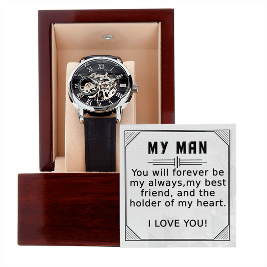 My Man, you will Forever be My Always - Men's Openwork Watch | Boyfriend Gift Birthday | Anniversary Gift Husband | Father's Day Gift from Wife | Unique Gift for Him | Wedding Gift | Watch Box for Him | Engagement Gift for Man | Classic Watch, hgs013