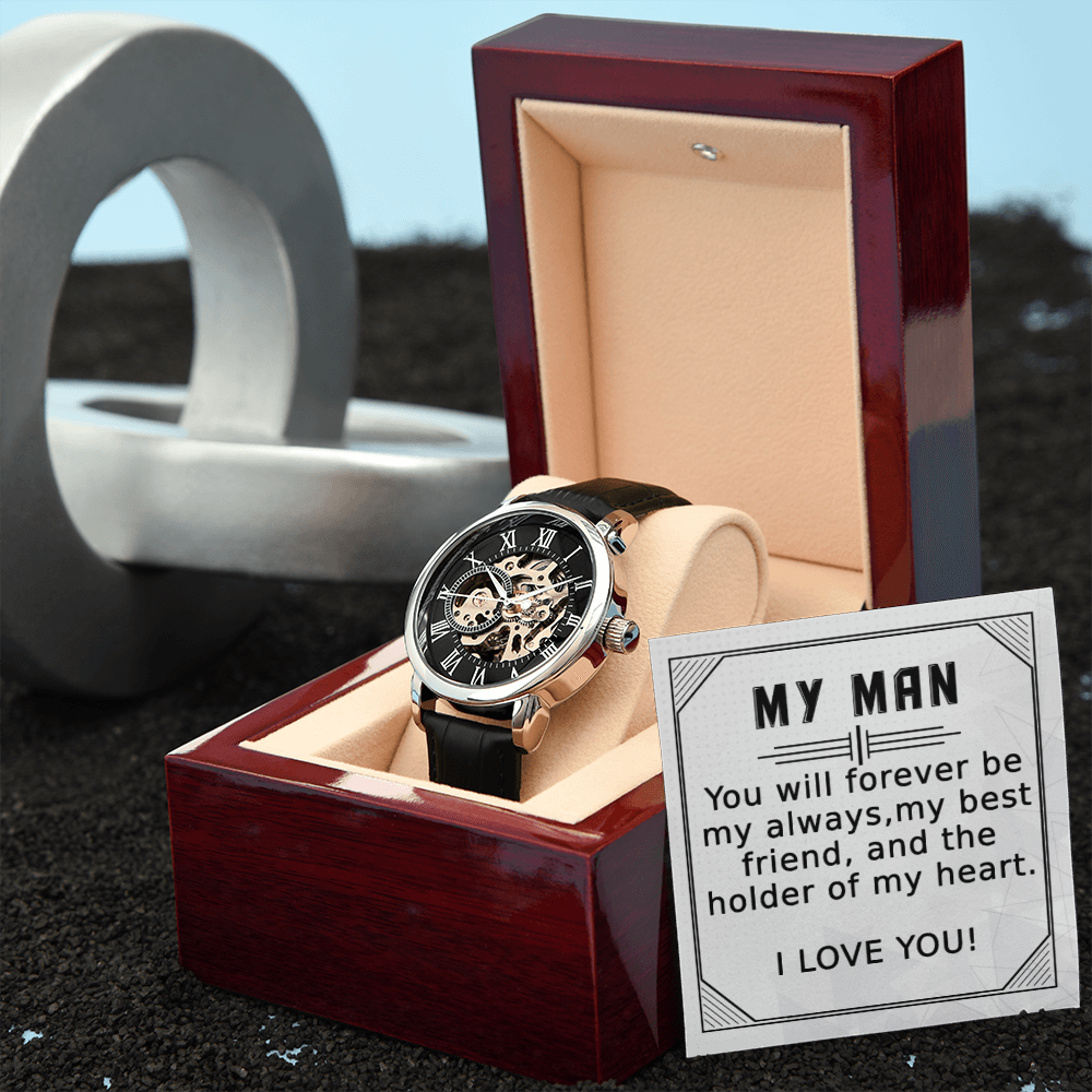 My Man, you will Forever be My Always - Men's Openwork Watch | Boyfriend Gift Birthday | Anniversary Gift Husband | Father's Day Gift from Wife | Unique Gift for Him | Wedding Gift | Watch Box for Him | Engagement Gift for Man | Classic Watch, hgs013