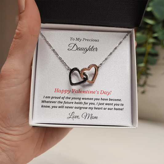 To My Precious Daughter, Love Mom. You'll never outgrow my heart - Interlocking Hearts necklace, wht