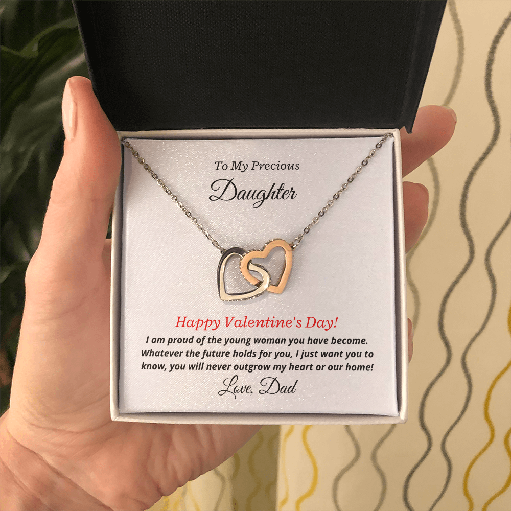 To My Precious Daughter, Love Dad. You'll never outgrow my heart -Interlocking Hearts Necklace, wht
