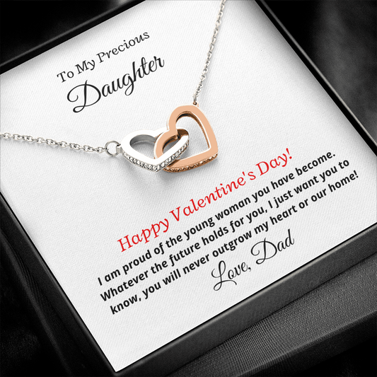 To My Precious Daughter, Love Dad. You'll never outgrow my heart -Interlocking Hearts Necklace, wht