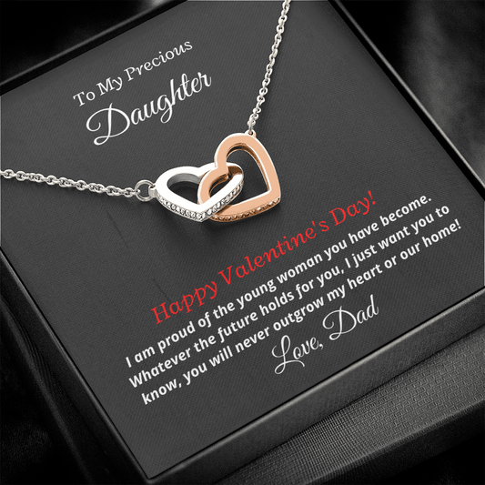 To My Precious Daughter, Love Dad. You'll never outgrow my heart -Interlocking Hearts Necklace, blk