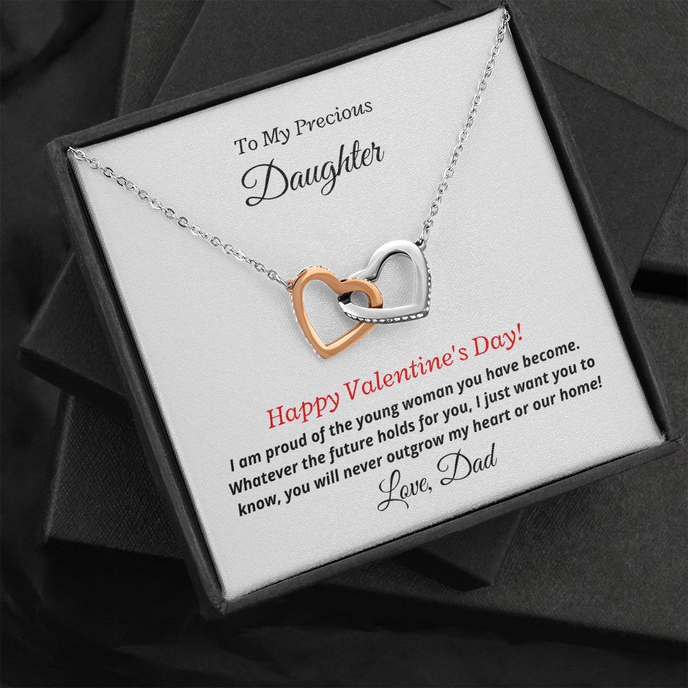To My Precious Daughter, Love Dad. You'll never outgrow my heart -Interlocking Hearts Necklace, wht