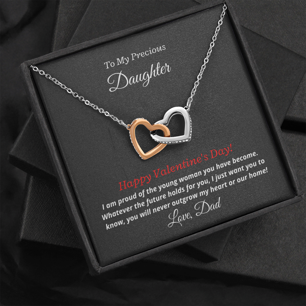 To My Precious Daughter, Love Dad. You'll never outgrow my heart -Interlocking Hearts Necklace, blk