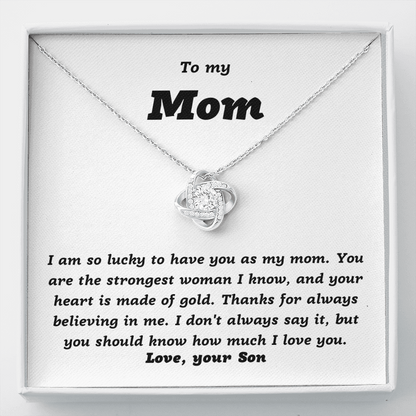 To Mom, from Son, I'm so Lucky - Love Knot Necklace, wht