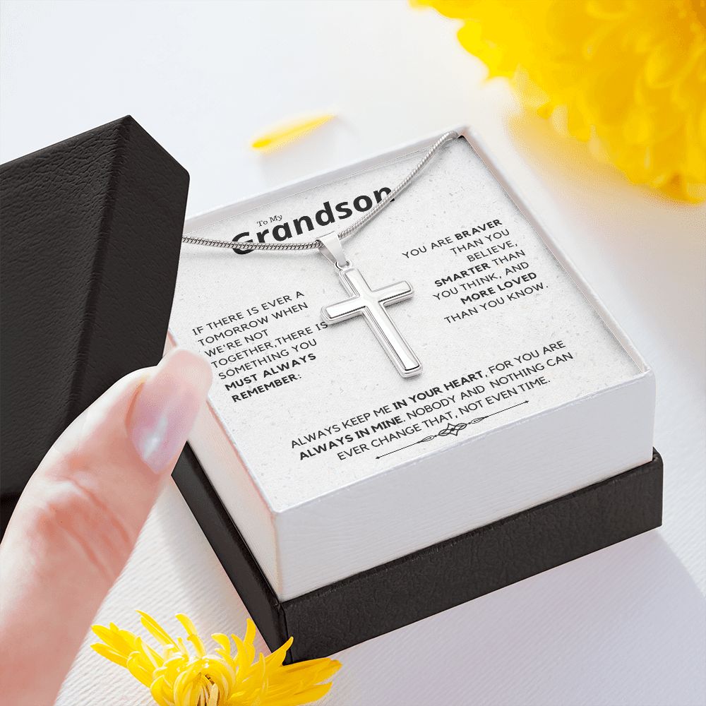 Grandson, Always Remember - Stainless Steel Cross Necklace