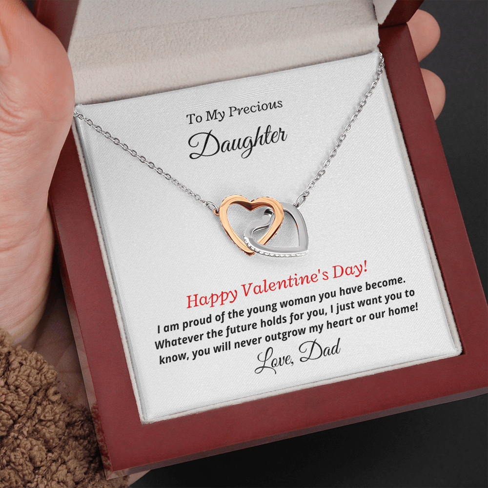 To My Precious Daughter, Love Dad. You'll never outgrow my heart -Interlocking Hearts Necklace, wht