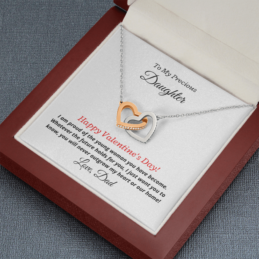 To My Precious Daughter, Love Dad. You'll never outgrow my heart -Interlocking Hearts Necklace, wht