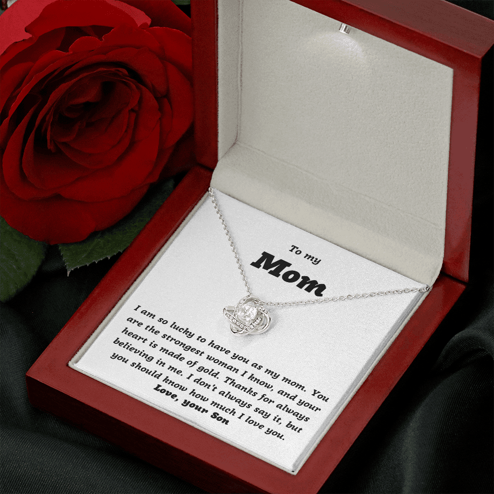 To Mom, from Son, I'm so Lucky - Love Knot Necklace, wht