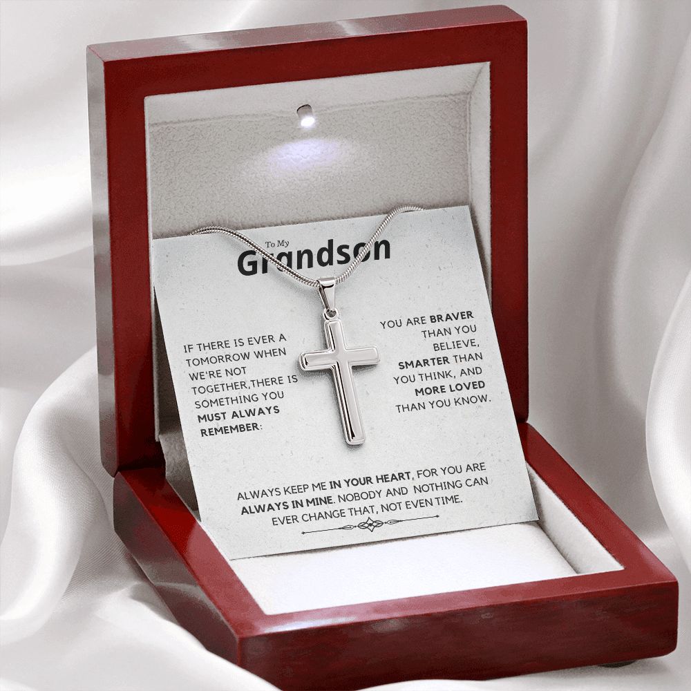 Grandson, Always Remember - Stainless Steel Cross Necklace